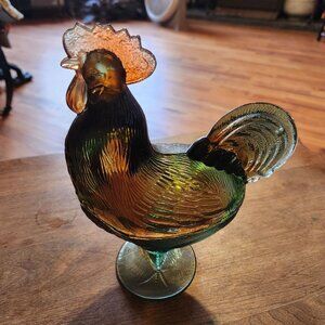 Vintage Westmoreland style Amber & Green Glass Rooster Dish Hen on Nest style Ru